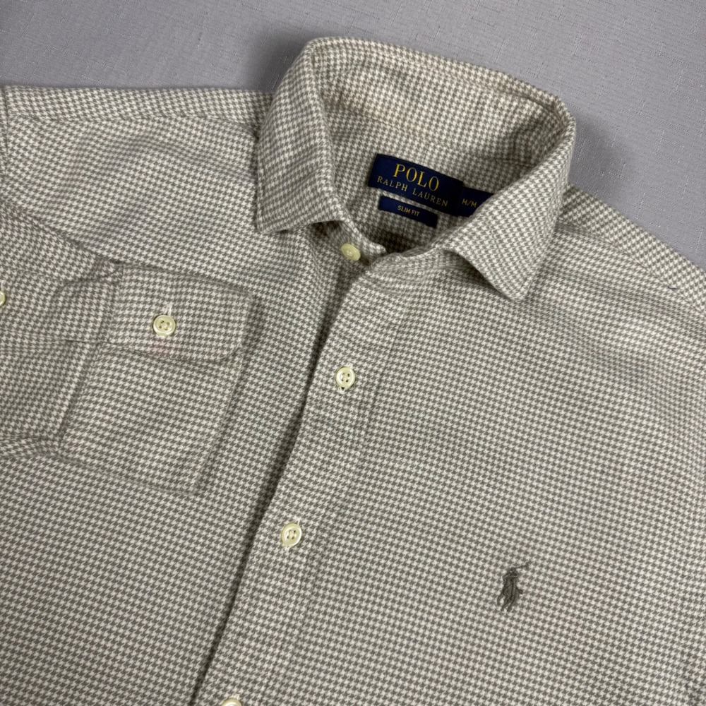 Polo Ralph Lauren Slim Fit Houndstooth Button Down Shirt Tan White Mens Medium